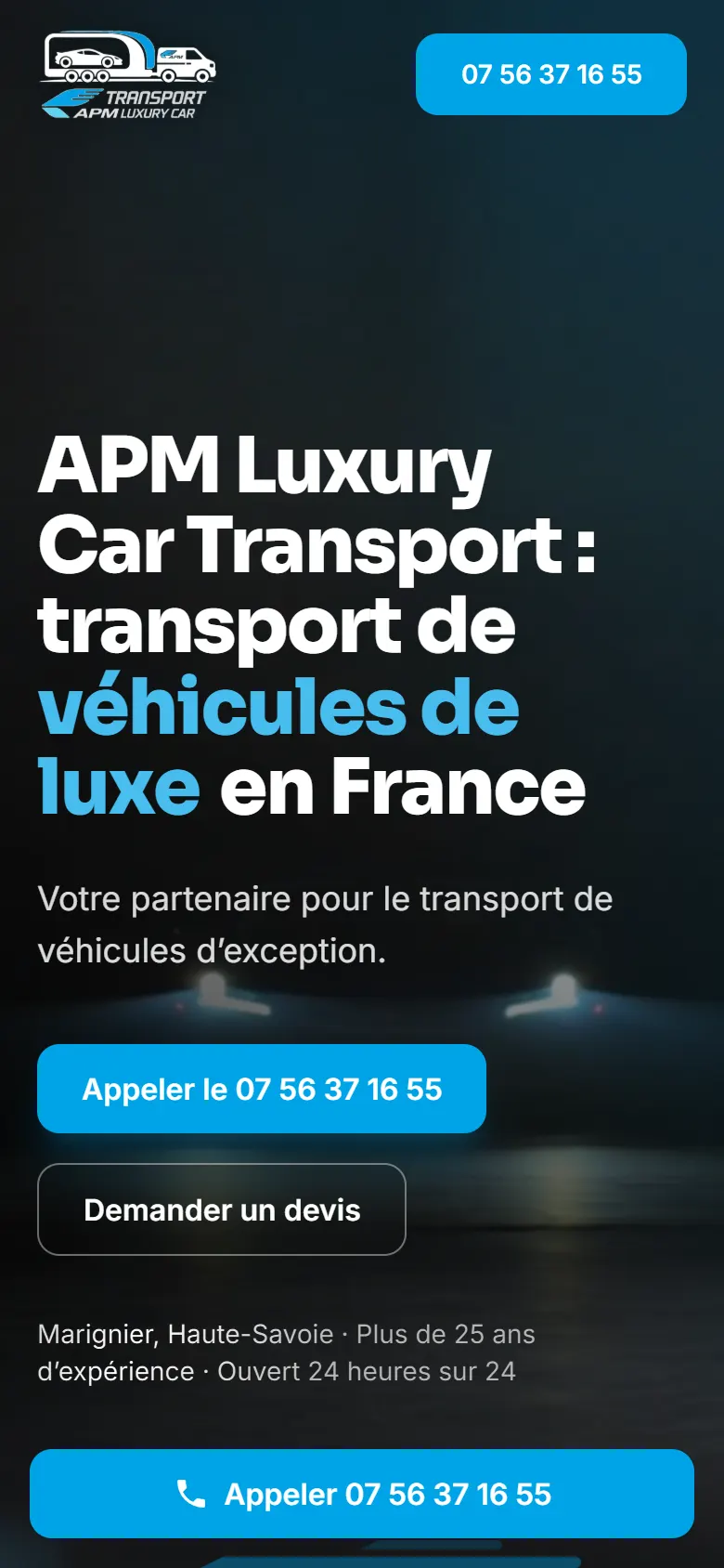Le site de APM Luxury Car Transport affiché sur un téléphone