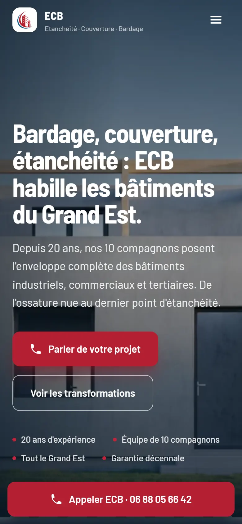 Le site de ECB — Étanchéité Couverture Bardage affiché sur un téléphone