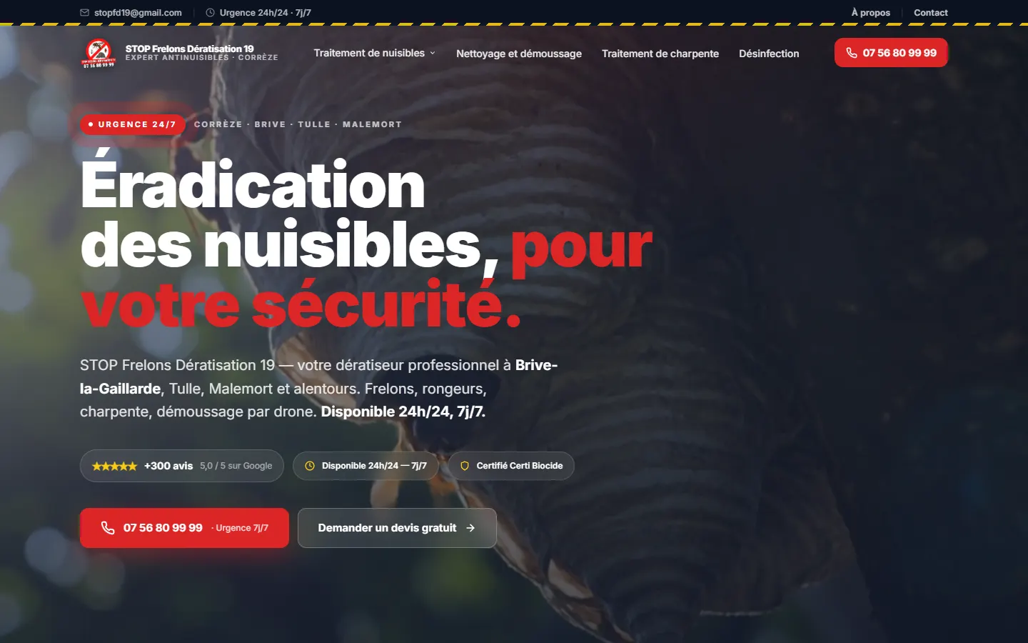 Page d’accueil du site de STOP Frelons Dératisation 19